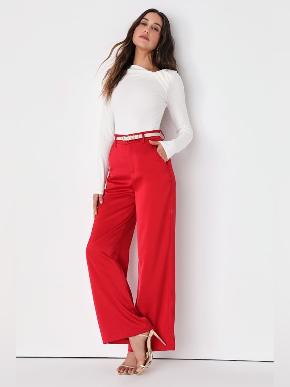 Lulus Modern Approach Red Satin Wide-Leg Pants Size L NWT